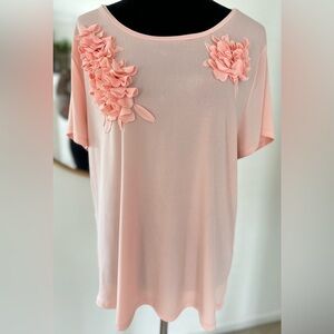 Karl Lagerfeld Stretchy 3D Floral Embellished Short Slv Peachy Pink Top Sz L/XL